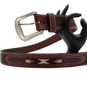 3D DDD Men's 40 Brown Leather Western Belt Handtooled Embroidered Vintage